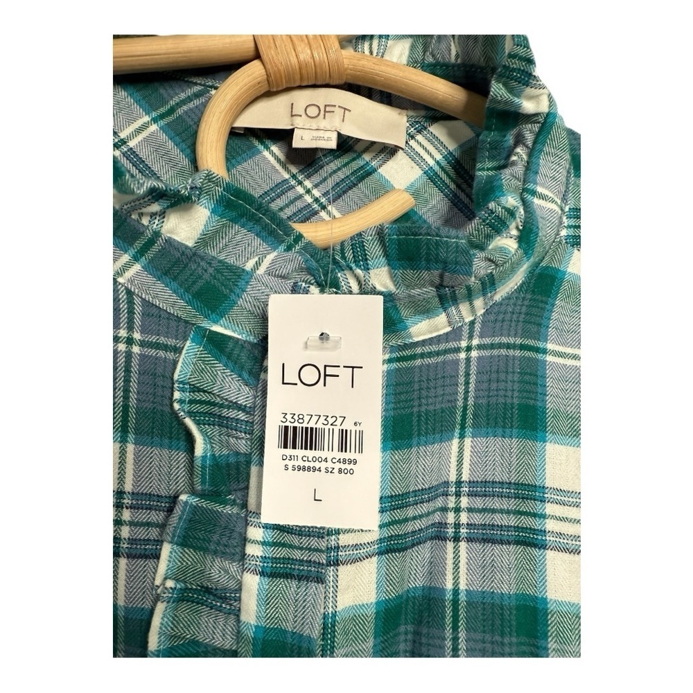 LOFT Green Plaid Ruffle High Neck Ruffle Front Button Down Shirt NEW Size Large - Picture 3 of 16